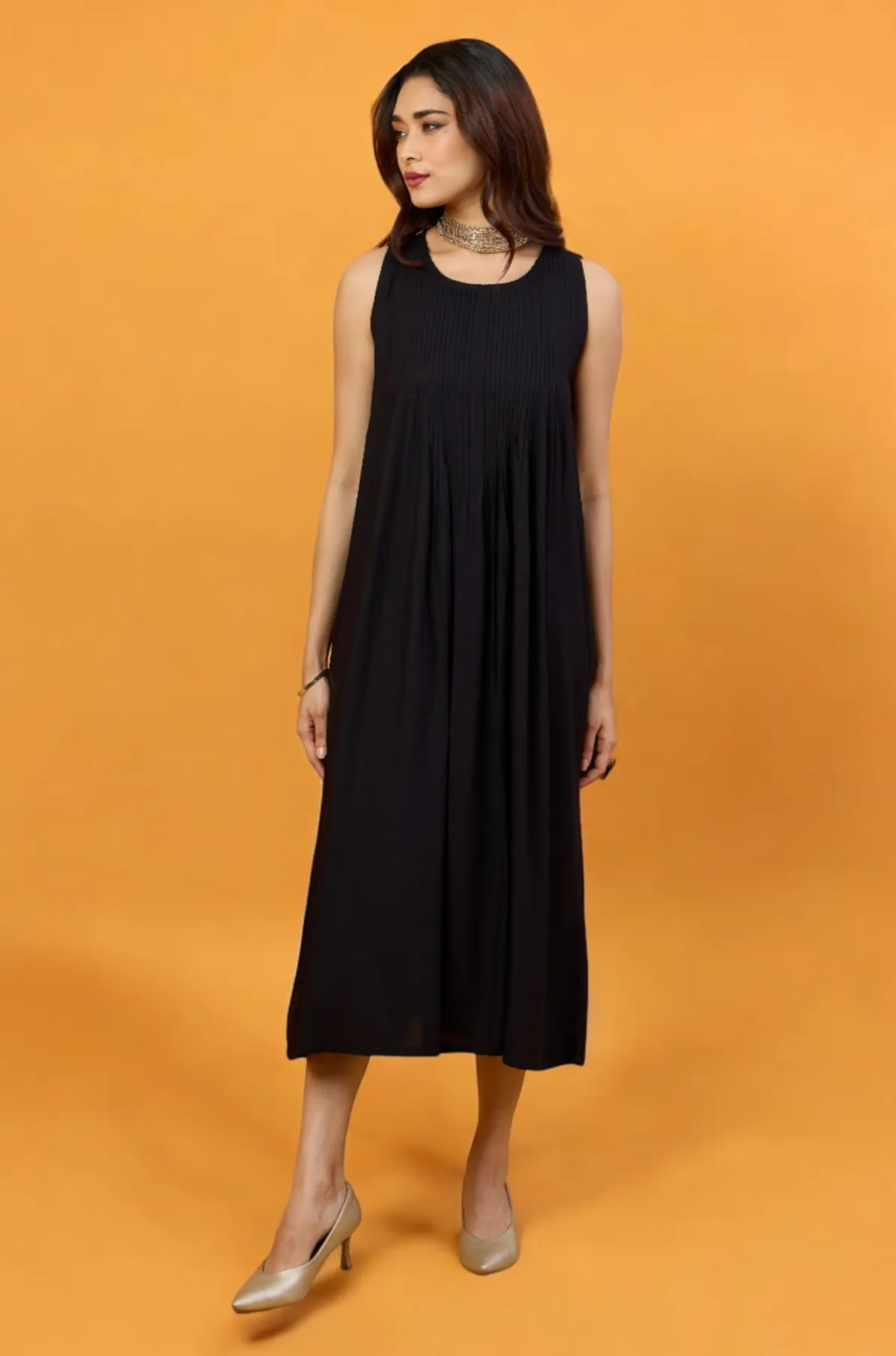 Timeless Onyx Pintuck Sleeveless Dress