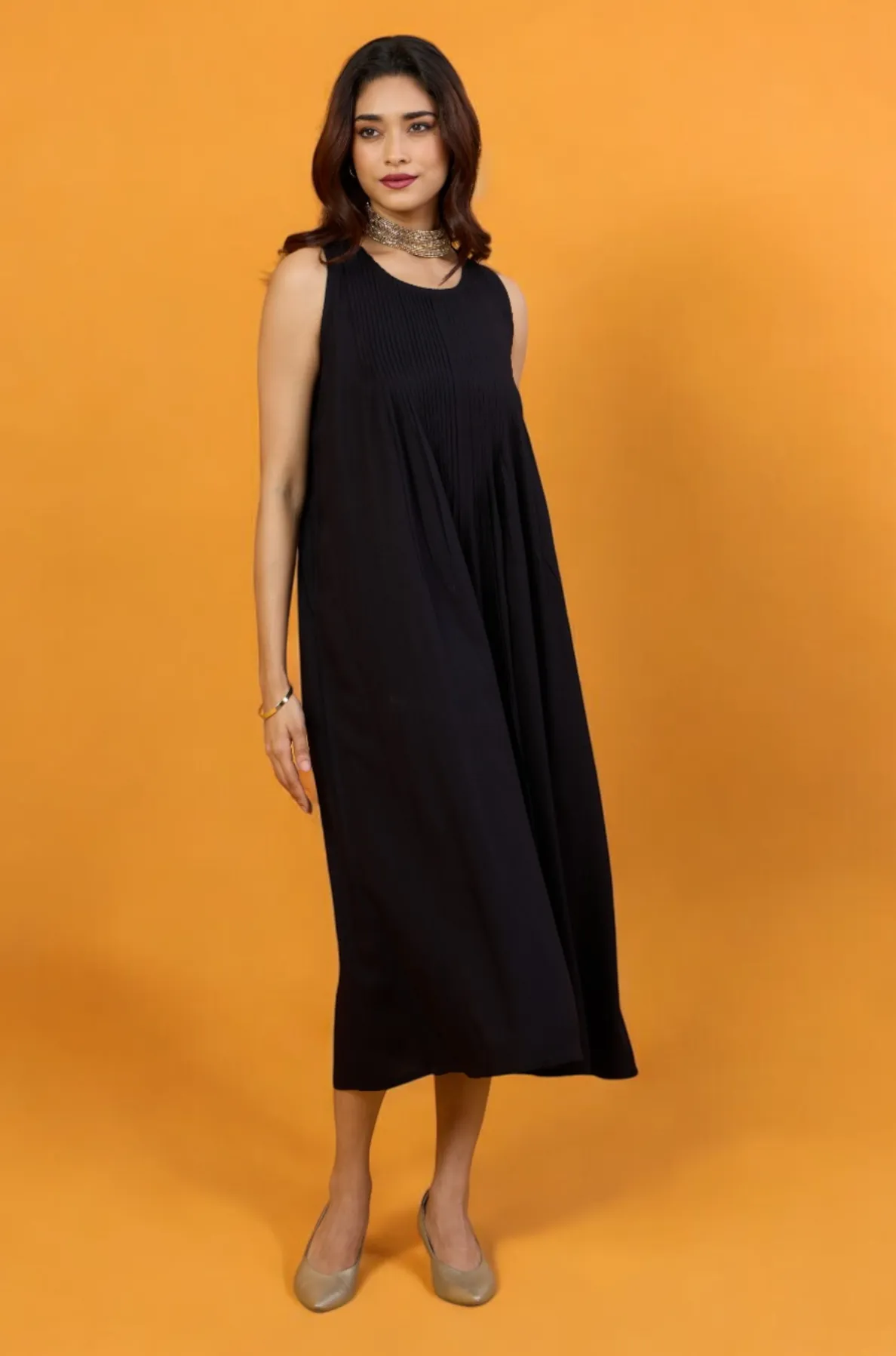Timeless Onyx Pintuck Sleeveless Dress
