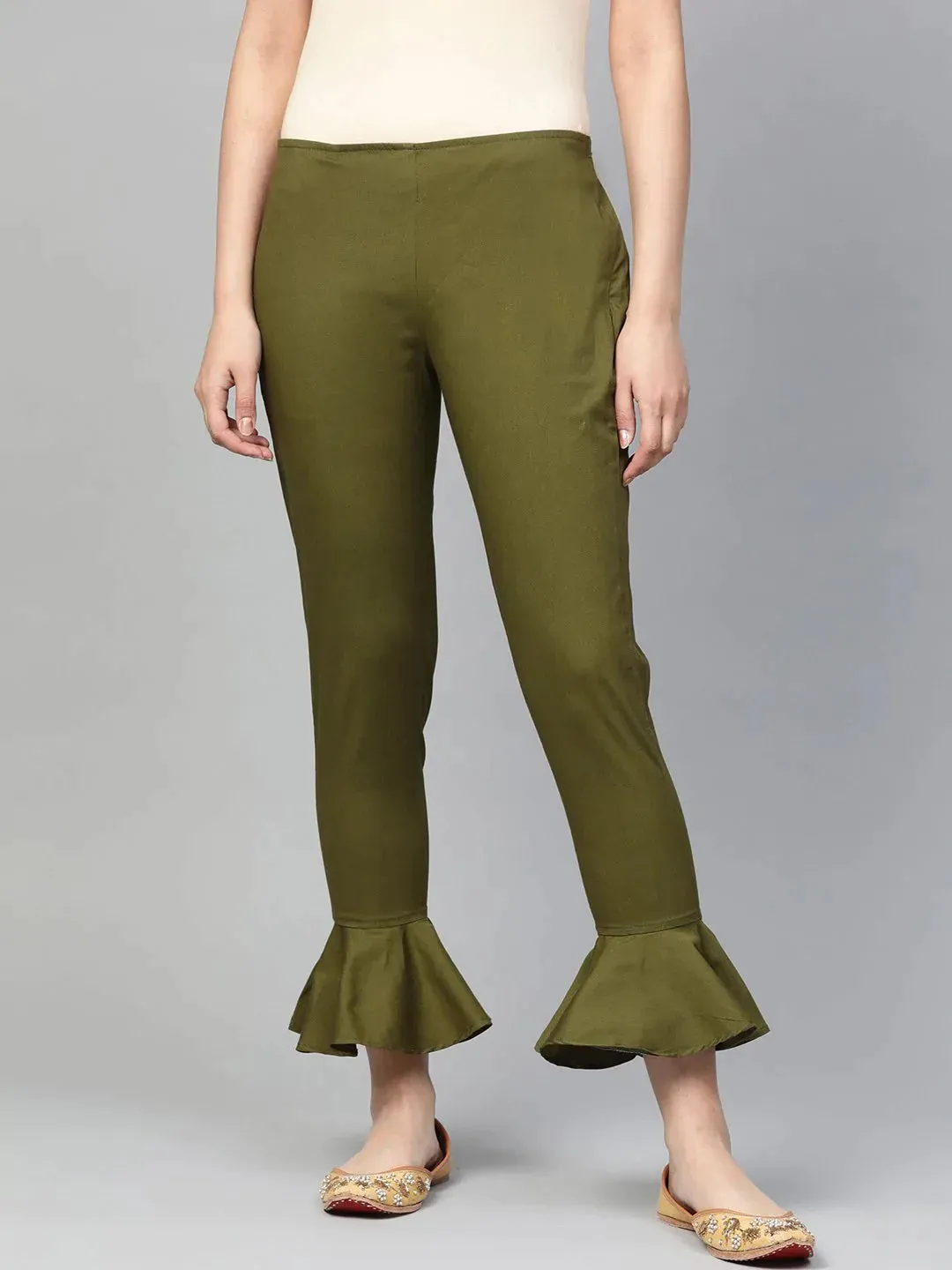 Women Olive Green Smart Fit Solid Bottom Flared Trousers